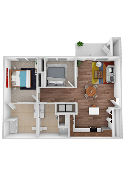 A top-down view of a small apartment with a bedroom, living room, and kitchen.